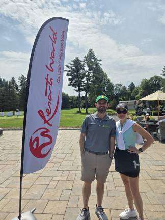 Hospice of Orange &amp; Sullivan Counties held its 19th Annual Golf Classic at Osiris Country Club in Walden on Aug. 10, drawing a sold-out field of 100 golfers for the organization’s best golf fundraising event in recent years. Pictured here are Hospice President and CEO Eric Gastik with Angela Rein of Resorts World. Resorts World provided Hospice with a recent grant for the implementation of a new electronic medical record system to improve care coordination and give clinicians more time with patients and families. Provided photo.