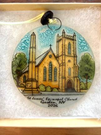 This year’s ornament features St. James’ Episcopal Church, one of the village’s most recognizable and enduring landmarks.