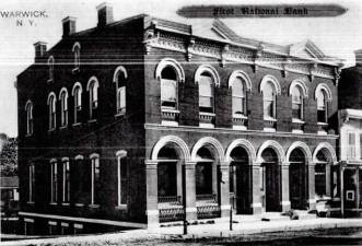 A historic photo of First National Bank of Warwick, on the corner of Bank Street and Main in Warwick, N.Y. More recently known as the Chase Bank Building, the bank is now being renovated into a restaurant: The Fed of Warwick, slated to open in March. Photo provided by the Warwick Historical Society.