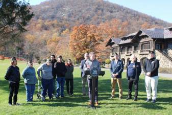 Sen Skoufis announces the passage of his bill expanding state park access for local veterans at Bear Mountain State Park.