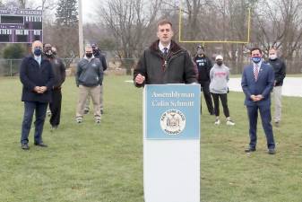 Monroe Town Supervisor Tony Cardone, Orange County Legislator Pete Tuohy and Assemblyman Michael Lawler and others were among those who attended Assemblyman Colin J. Schmitt’s press conference this week where he announced that he would introduce legislation to compel the state Department of Education and the state Department of Health to allow all interscholastic sports to be cleared to play this year using proper COVID-19 safety protocols. Provided photo