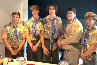 New Troop 63 Eagle Scouts (from left) Joseph Rettberg, Torin Breheny, Aiden Meyer, James Young and Eric Schmidt.