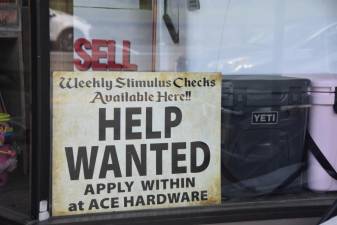 A tongue-in-cheek help wanted sign at Werner’s Ace Hardware in Florida, N.Y.