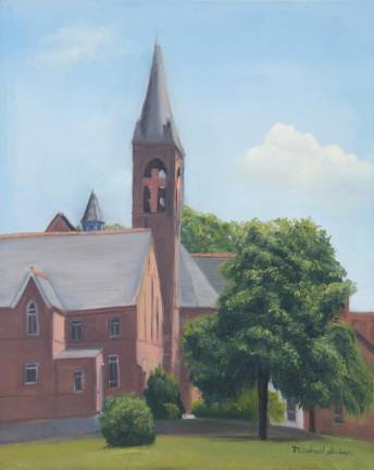 Goshen United Methodist Church, oil on board, 10 x 8″, by Mitchell Saler