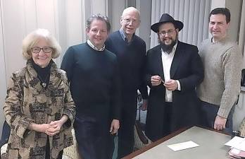 From left: Kathleen Pat Strong, Griffith Olivero Realtors; Matthew Gomm, Library Director; James Tarvin, Library Trustee; Rabbi Meir Borenstein, Chabad of Orange County; Bernard Marone, President of the Goshen Public Library and Historical Society's Board of Trustees.