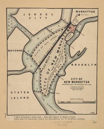 Thomson's revised 1930 plan showing the City of New Manhattan. Image: New York Public Library