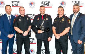 Photo from left to right: Orange County Deputy Commissioner Robert Doss, Drug Recognition Officer Francis Winski, Traffic Safety Officer and award recipient Officer Cody Hunt, Village of Goshen Chief of Police Ryan Rich, and Orange County Commissioner of Emergency Services Peter Cirigliano.