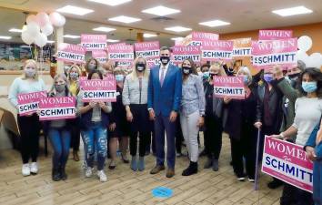 Women for Schmitt, a coalition of women supporting the re-election of Assemblyman Colin Schmitt, held a rally earlier this month in Chester at a well-known woman owned business, Bagel Girls Cafe. Provided photo.