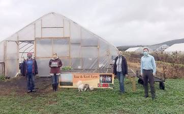 Pictured from left to right are three of the four Rise &amp; Root Farm owners Jane Hodge, Lorrie Clevenger and Michaela Hayes and state Sen. James Skoufis. Provided photo.
