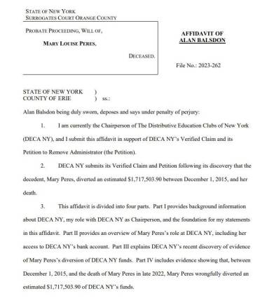 A screenshot of the affidavit of DECA NY Chairperson Alan Balsdon regarding the non-profit’s claims against Mary Peres and her estate.