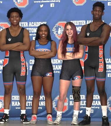 Chester wresting team senior include captain Dom Jean-Pierre, captain Chloe Brown, Camryn Chalusian, and captain Elvin Momanyi.