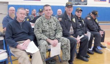Veterans on Appreciation Day at the Chester Academy (from left): Sam Forshay; Rob Bowen; Jim Donato; Jonathan Winaker; SRO officer Rick Perez; Steve Neuhaus; Christian Farrell (partially obscured); Louis DeLuca; Tom Nosworthy; Barry Schnipper and Jim Scali.