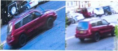 The suspect drove what appeared to be a red Subaru Forester, 2003-2005.