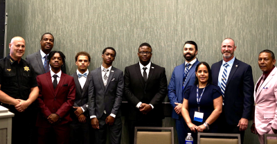 Orange County Sheriff Paul Arteta, Deputy Anthony Galeno, and Investigator Brian Shanely joined the founder of Building Bridges Initiative, Isabel Lopez, director of YAP (Youth Advocate Programs), Jorge Retamar, and four outstanding youth participants at the Division of Criminal Justice Services 2026 Youth Justice Conference.