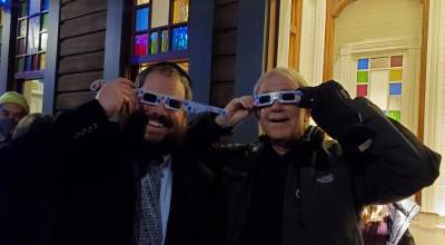 Rabbi Pesach Burston, of Chabad of Orange County, enjoy a festive moment with Tuxedo Town Supervisor Kenneth English, using “Magic Dreidel Glasses.” Photos courtesy of Chabad of Orange County/Rabbi Pesach and Chana Burston.