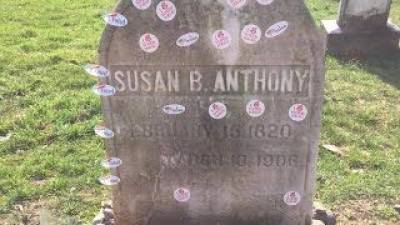 'I Voted' stickers placed on gravestone of Susan B. Anthony