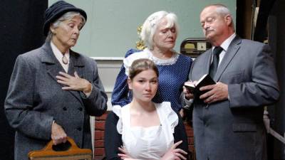 Clockwise from left are: Miss Marple (Stephanie Hepburn), Dora Bunner (Jo Larsen), Inspector Craddock (Michael Gorse) and Mitzi (Natalie Bronson), the cast of “A Murder Is Announced” at The Playhouse at Museum Village (May 5-21). Provided photo.
