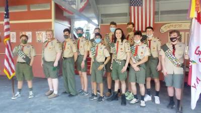 From the left, holding the American flag is Senior Patrol Leader Eric Bunzey; Eagle Scout Jack Callahan; Eagle Scout Jack Donohue; Eagle Scout Blake Albanese; Assistant Senior Patrol Leader Javier Rodriquez (front); Eagle Scout Zack Goodman (rear); Eagle Scout Tristan Brideweser (rear); Eagle Scout Brandon Arroyo; Eagle Scout Tallon Clark; Eagle Scout Reese Donohue; Eagle Scout Jack Loughran; Senior Patrol Leader Daniel Hartley holding Troop 63 Flag.