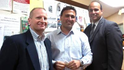 Keith Scerbo, Orange &amp; Rockland general manager in charge of smart meters; Mike Pinto, project manager; and Eric Fuentes, manager of public affairs, at the Aug. 28 town board meeting.