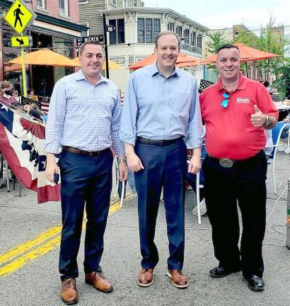 From left, New York State Senator Mike Martucci, U.S. Rep. Lee Zeldin and State Assemblyman Karl Brabenec in downtown Warwick last Sunday. Photo provided by WTBQ Station Manager Taylor Sterling.
