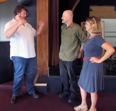Playwrights Callum Hill (left) and Brian Petti (center) talk with Evelyn Albino, an actor and director of several of the plays (Photo by Ginny Privitar)