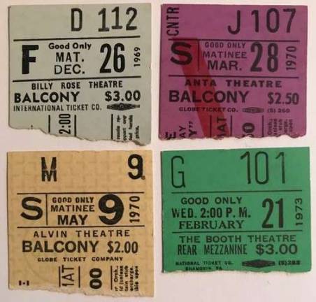 A few of the ticket stubs Ron Fassler kept. Clockwise from top left &#x201c;Private Lives&#x201d;&#xa0;with Tammy Grimes &amp; Brian Bedford, &#x201c;Harvey&#x201d;&#xa0;with James Stewart and Helen Hayes,&#xa0;&#x201c;That Championship Season&#x201d; and Company.&#x201d; The total cost $10.50. Courtesy of Ron Fassler