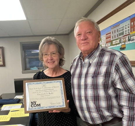 Chester Deputy Mayor Elizabeth Reilly, pictured with Chester Mayor John Bell was recognized by the NY Conference of Mayors.