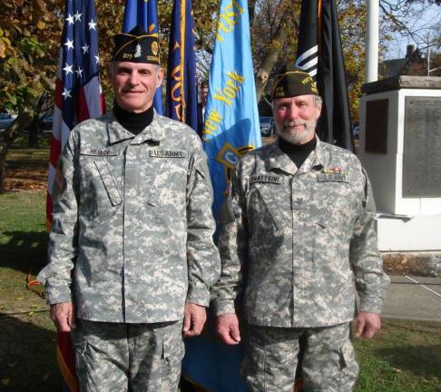 Two proud commanders: Jim Heslop, left, Commander of the Goshen American Post 377, and Commander Ray Quattrini, Commander of Goshen Veterans of Foreign Wars Post 1708. Quattrini urged Americans to raise their voices, place the needs of veterans at the forefront of Congressional means and demand accountability.