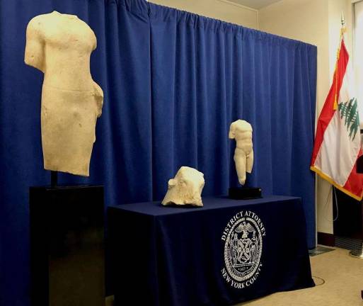 A 2,400-year-old marble bull&#x2019;s head and other artifacts stolen from a Lebanese archaeological site were recovered by the Manhattan District Attorney&#x2019;s Office and repatriated to the Lebanese government in December. Photo: Manhattan District Attorney&#x2019;s Office