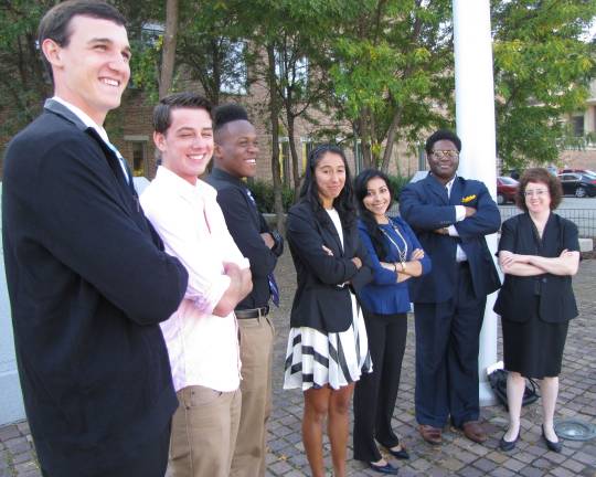 Outside of the Orange County Family Court in Goshen are Mount Saint Mary College students Trevor Kane, Patrick Kennedy, Teddy Douse, Brigitte Levya, Stephanie Molina, Joseph Borden and Robin Rosenberg, coordinator of co-ops and internships at the Mount&#x2019;s Career Center.