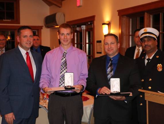 Orange County Executive Steven M. Neuhaus, and Lt. David Kramer, Winona Lake Fire Department, Asst. Chief Bradley Sukeena, Orange Lake Fire Department and Deputy Commissioner of Fire Services Vini Tankasali (Photo provided)