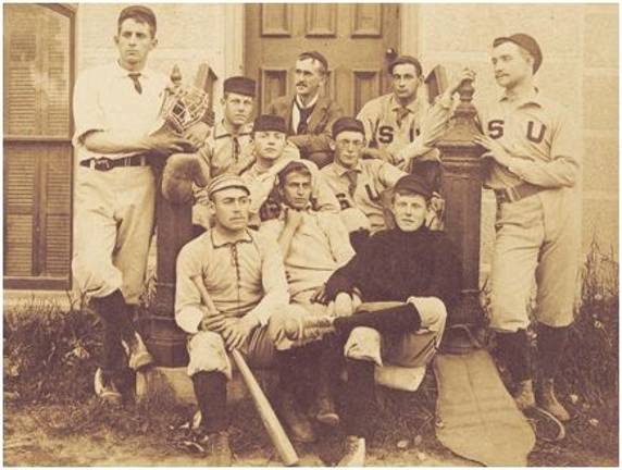 Stephen Crane (front, center) sits with teammates in 1891. “I have never been in a battle, of course,” Crane wrote. “I believe I got my sense of the rage of conflict on the football field.” (Photo courtesy of Syracuse University Special Collections Research Center)