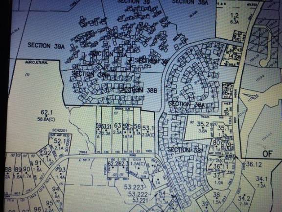 Lisa Toth told The Chronicle: “This is the site plan that I have. My understanding is that this is the one the developers are using. You can see how incredibly dense it is. Our property is at the bottom on the right, marked 38, 1.5A.” (Photo by Frances Ruth Harris)