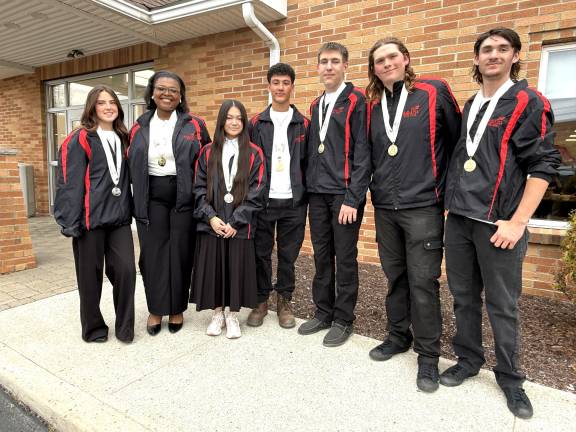 OUB’s SkillsUSA medal winners! (left to right): Grace Coleman (Pine Bush CSD), silver medal, Medical Assisting; Savannah Collins (Enlarged City School District of Middletown) gold medal, Early Childhood Education; Kayla Lee (Pine Bush CSD) silver medal, Medical Terminology; Craig Brown, (Washingtonville CSD), gold medal, Carpentry; and the Welding Fabrication Team, which won a gold medal: and Patrick Frawley (Minisink Valley CSD), Brady Witkowski (Minisink Valley CSD) and Patrick Frawley (Minisink Valley CSD). Not pictured: Dayanara Garcia (Enlarged City School District of Middletown), gold medal, Nail Care.