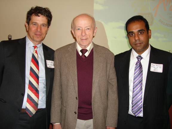 Town of Goshen Supervisor Doug Bloomfield (center) with planner for the proposed Amy's food facility,Tom Richman (left) and Mesh Tandon, Science of the Soul representative (right). (Photo by Geri Corey)
