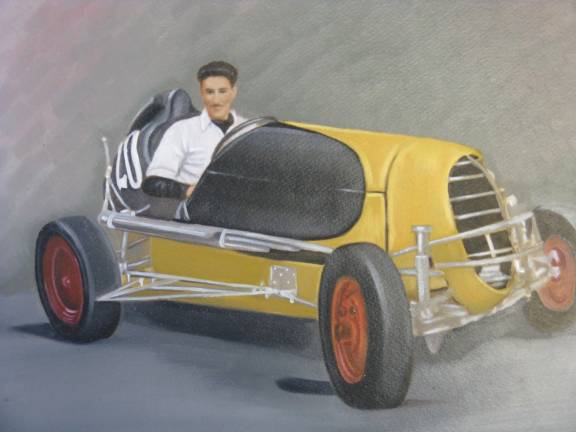 Painting from photo of LeBaron in the racecar he built from parts. (Photo by Ginny Privitar)