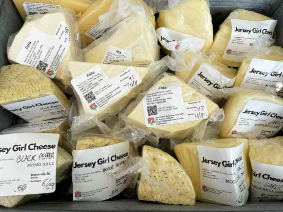 Assorted pre-packaged aged cheeses.