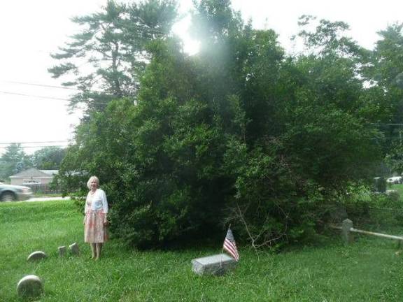 Christina McCawley next to the shrub obscuring the grave marker of Horace Pippin in the Chester Grove Cemetery Annex in West Chester, Penn. The cemetery was founded in 1862 to bury African Americans who were denied burial in other cemeteries. Photo by Dwight McCawley.