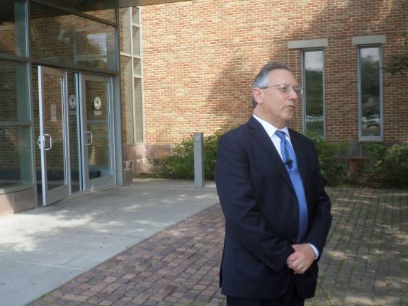 Attorney Michael Sussman speaks outside the Orange County Courthouse following a hearing last week in front of Ulster County State Supreme Court Judge Christopher Cahill. Photo by Nathan Mayberg