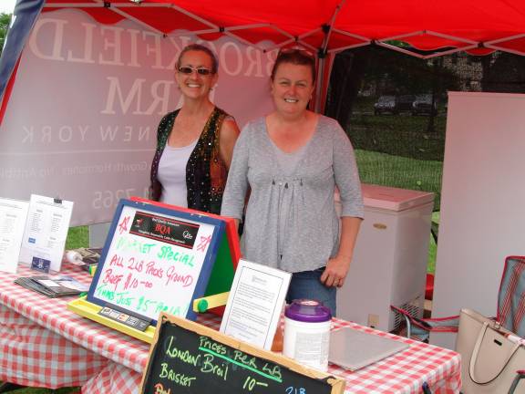 Kay Myruski, owner of Brookfields Farm, is a new vendor at the farmers market. She and her husband, Ed, offer locally grown, pasture-raised beef. Kay (right) is with her friend Zina Mazzone. (Photo by Geri Corey)