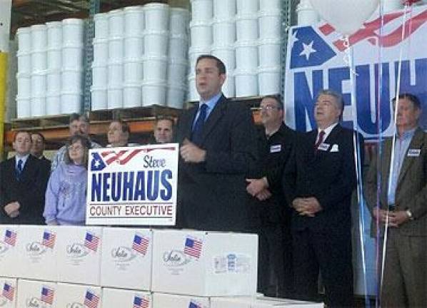 Steve Neuhaus campaigning at Satin Fine Foods in Chester last year.