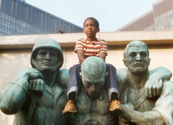 &quot;Boy on Coast Guard Memorial,&quot; Battery Park, 1978. D. Gorton, NYC Parks Photo Archive