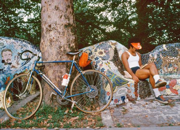 &quot;Man With Bike, Mosaic Benches,&quot; Grant's Tomb, Riverside Park, 1978. D. Gorton, NYC Parks Photo Archive