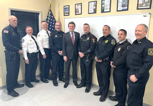 Town of Goshen Police Department with Sen. James Skoufis during the state grant announcement press conference.