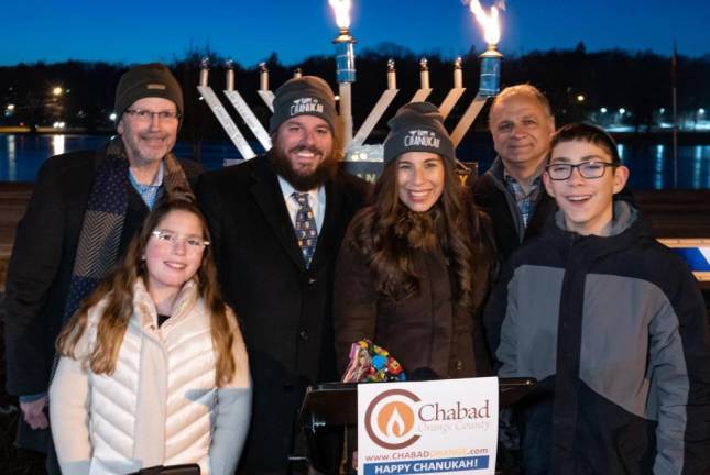 Monroe Village Mayor Neil Dwyer and Monroe Town Supervisor Tony Cardone at a previous Monroe Menorah Lighting Ceremony. This year’s ceremony is scheduled for Monday, Nov. 29.