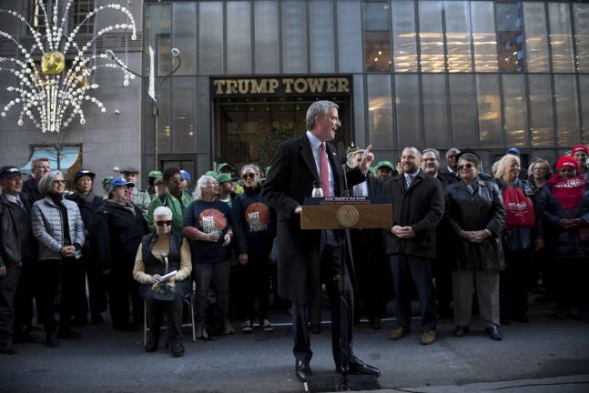 Mayor Bill de Blasio denounces &quot;Trumpism&quot; and rails against the &#8220;scam&#8221; GOP tax plan at a rally with seniors and union workers outside Trump Tower on November 21st. Photo:&#160;Ed&#160;Reed&#160;/ Mayoral Photo Office,&#160;via flickr