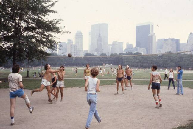 Volleyball players at Sheep Meadow, Central Park, 1978. Photographer possibly Paul Hosefros. NYC Parks Photo Archive