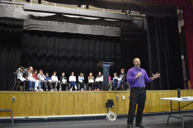 Delaware Valley Superintendent Brian Blaum reassures nervous students and parents before last year’s middle school spelling bee.