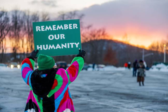 Protesters arrive early outside Chester Commons on Jan. 29 to rally against a proposed ICE processing facility.