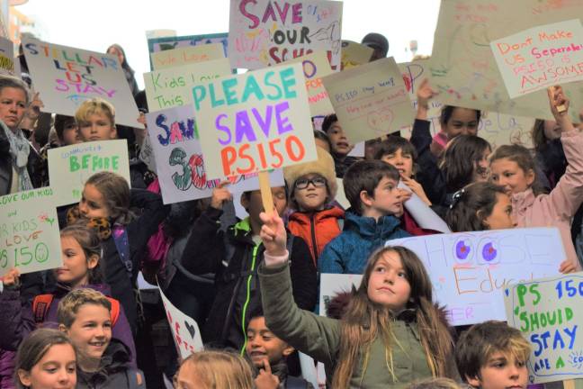 P.S. 150 students and parents held a rally Nov. 13 to plea for their school to remain in its current home at Independence Plaza. Photo: Michael Garofalo
